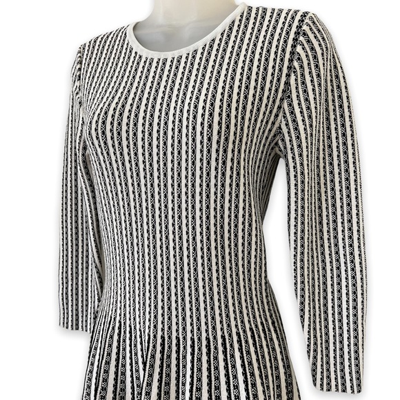 GIANNI BINI Knit Sweater Dress Midi Fit Flare Ivory Black Stripe Size Medium - Picture 3 of 9